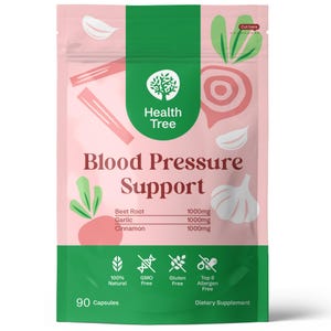 May include: A pink and green supplement pouch labeled "Health Tree Blood Pressure Support." The pouch features illustrations of beets, garlic, and cinnamon, with text indicating 1000mg of each ingredient. It also states "100% Natural" and "90 Capsules."