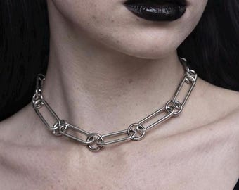 Gargantilla de cadena de eslabones alargados: joyería gótica de acero inoxidable y plata, cadena unisex alternativa.