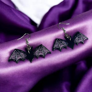 Handmade Bat Earrings – Gothic Halloween Jewellery in Black or White & Pink, Alternative Punk Dangle Earrings, Cute Spooky Gift