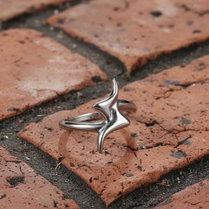 Peut inclure: Une bague argentée au design abstrait unique. La bague présente une forme centrale stylisée en forme d'éclat d'étoile avec des extensions pointues. La bague est posée sur une surface texturée en forme de brique, soulignant son éclat métallique.