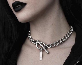 Collar de cadena cubana con dije de barra de palanca – Gargantilla gótica de plata, joyería unisex de acero inoxidable