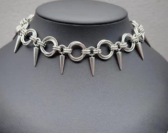 Cyber Spike Ring Choker, Industrial Chain Choker, Futuristic Gothic Unisex Jewelry