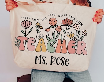 Teacher Gifts, Teacher Tote Bag, Teacher Appreciation Gifts, Personalized Tote Bag, Floral Teacher Tote bag, Personalized Teacher Tote Bag