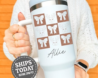 Personalized Reindeer Bow Tumbler, Christmas Cup, Holiday Drinkware, Winter Gift, Custom Name Tumbler, Festive Cup