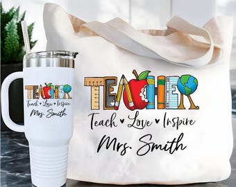 Taza y bolsa de agradecimiento para maestros, taza personalizada para maestros, bolsa de mano para maestros, semana de agradecimiento a los maestros, set de regalo para maestros