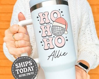 Retro Disco Ball Christmas Tumbler, Personalized Ho Ho Ho Cup, Holiday Party Drinkware, Christmas Gift for Her, Stocking Stuffer Idea