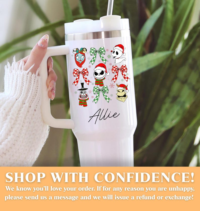 Vaso con personajes navideños, taza navideña espeluznante, regalo navideño personalizado, fan de Pesadilla antes de Navidad, artículos para beber de invierno imagen 6