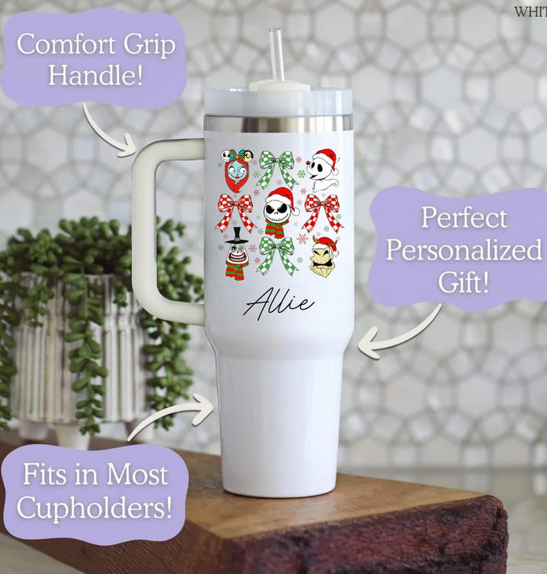 Vaso con personajes navideños, taza navideña espeluznante, regalo navideño personalizado, fan de Pesadilla antes de Navidad, artículos para beber de invierno imagen 5