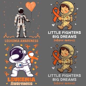 Puede incluir: Cuatro ilustraciones sobre un fondo gris. Las imágenes presentan astronautas y niños con trajes espaciales, cintas naranjas y corazones. El texto incluye "Concienciación sobre la leucemia" y "Pequeños luchadores, grandes sueños, concienciación sobre la leucemia."