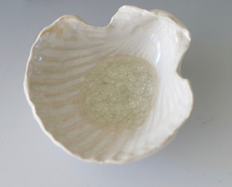 Perfect for tea bag holders and much more! Melted Beach Glass in Beautiful White Shell Bowls ring dishes Only 5.00 each