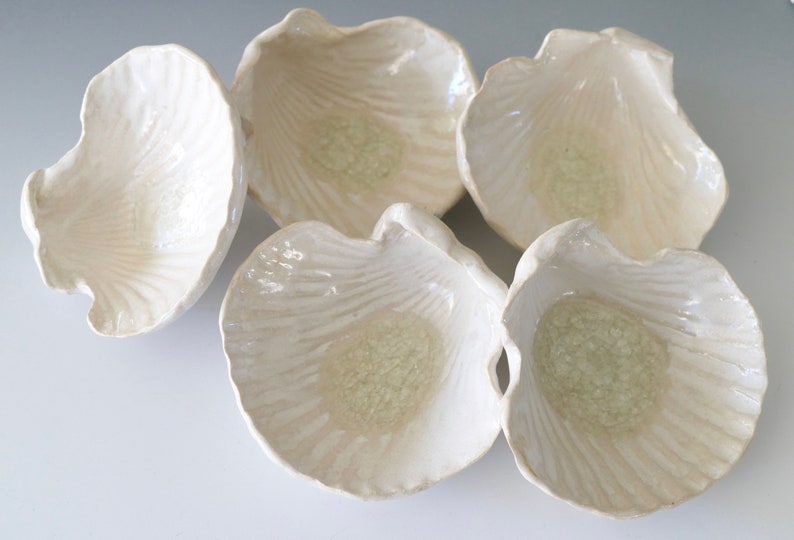 Perfect for tea bag holders and much more! Melted Beach Glass in Beautiful White Shell Bowls ring dishes Only 5.00 each