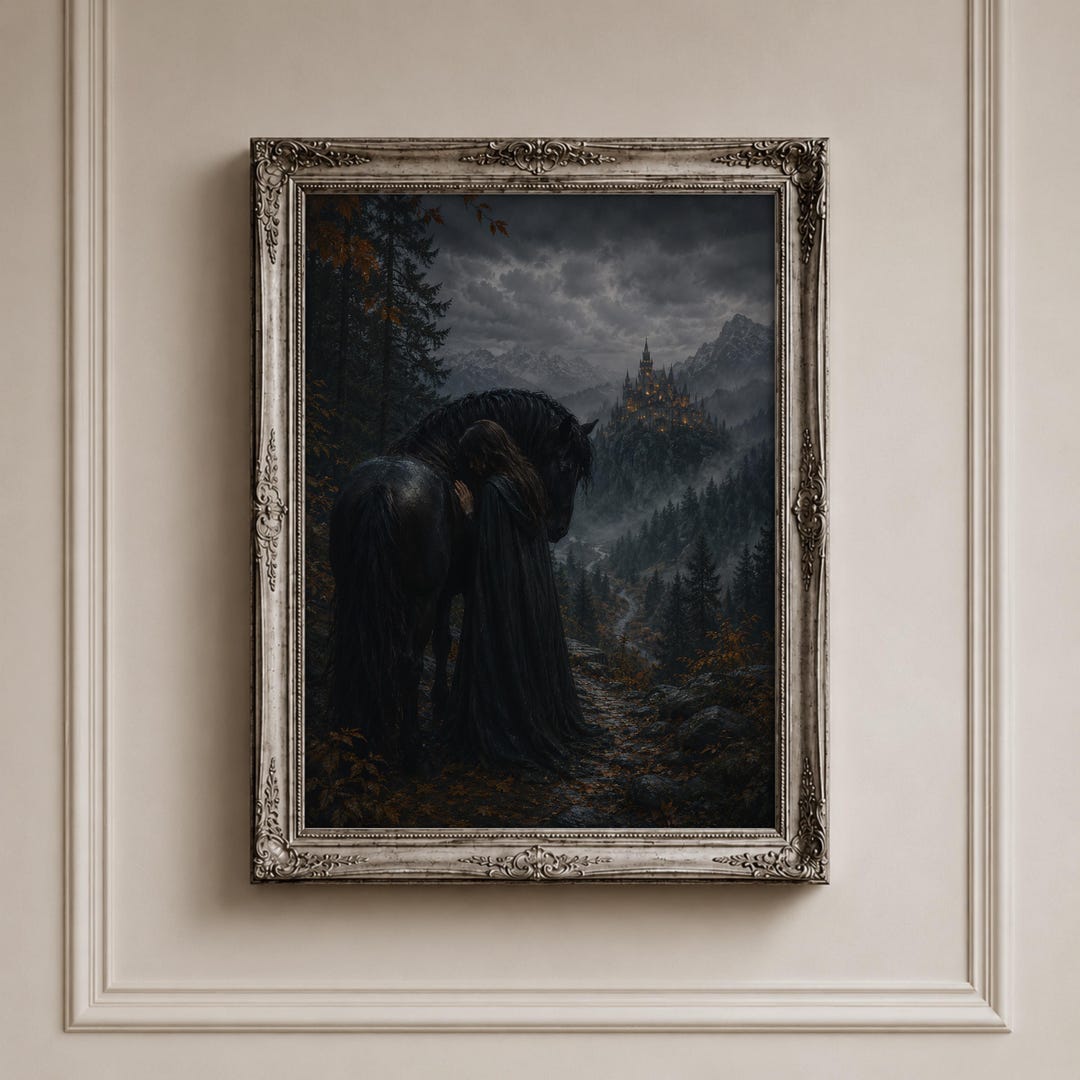 Gothic Horse Wall Art, Dark Fantasy Castle Print, Woman and Black Horse ...