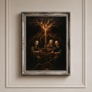 May include: A framed painting shows three figures seated beneath a fiery tree. The artwork uses a dark colour palette with detailed brushstrokes, creating a dramatic and mystical scene. The frame is ornate and silver.