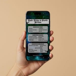 May include: A smartphone displays a menu titled "Wands, Witches & Wizards Marathon." The menu lists food items for a marathon feast, snacks, and breakfast. The background is a dark teal with white text. The phone is held in a hand.