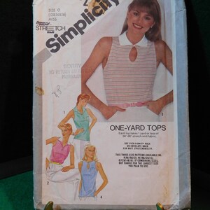 May include: Simplicity sewing pattern number 9970 for a sleeveless top with a collar. The pattern is for sizes 12, 14, and 16. The pattern includes instructions for making three different styles of tops. The pattern is for stretch knit fabric. The pattern is for one-yard tops.