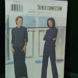 May include: A sewing pattern for a French Connection design. The pattern is for sizes 12-14-16 and includes instructions for a hooded top and a skirt. The pattern is from Butterick and is labelled "Fast & Easy".