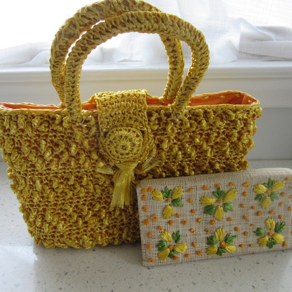 Sunny Yellow Raffia Purse with Matching Clutch