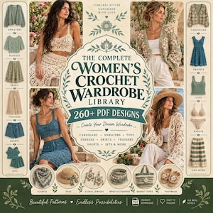 Peut inclure: Un catalogue numérique intitulé The Complete Women's Crochet Wardrobe Library présentant plus de 260 modèles PDF. La mise en page affiche divers vêtements au crochet, notamment des pulls, gilets, robes, jupes, pantalons et accessoires.