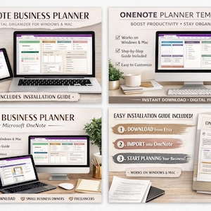May include: A digital business planner for Windows and Mac, displayed on laptops, tablets, and a desktop monitor. The image includes the text "ONENOTE BUSINESS PLANNER" and "DIGITAL BUSINESS PLANNER". Accessories like a coffee cup and pen are also visible.