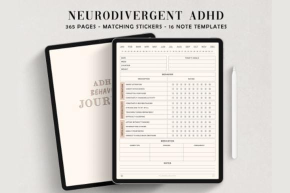 365 Days ADHD Behavior Journal, Printable Digital Planner for Kids & Adults, Daily Tracker for Symptoms, Emotions And Medication