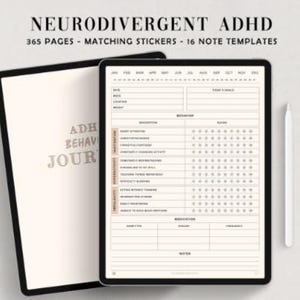 Peut inclure: Un agenda numérique pour le TDAH neurodivergent, avec 365 pages, des autocollants assortis et 16 modèles de notes. L'agenda comprend des sections pour le suivi du comportement, des médicaments et des notes. Un stylet blanc est posé à côté de la tablette. La couverture indique "ADHD BEHAVIOR JOURNAL."