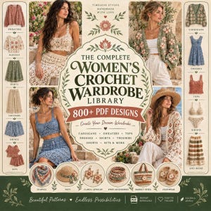 May include: A digital collection titled The Complete Women's Crochet Wardrobe Library featuring 800+ PDF designs. The image displays various crochet garments including cardigans, dresses, tops, skirts, and accessories like hats and bags.