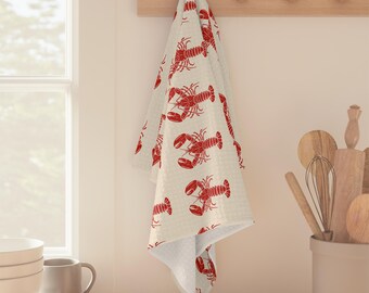 Red Linocut Lobster Microfiber Tea Towel | Nautical Kitchen Decor