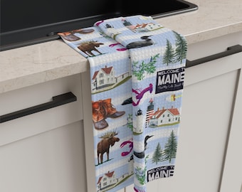 Maine Blueberries & Lobsters Tea Towel | Coastal Lake Life Stripe