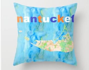 Nantucket Map Pillow Cover, Watercolor Island Design