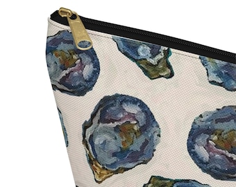 Oyster Shell Accessory Pouch, Hand-Painted Print, Beach Travel Bag