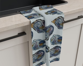 Oyster Shells on Slate Blue Microfiber Tea Towel | Coastal Kitchen Decor