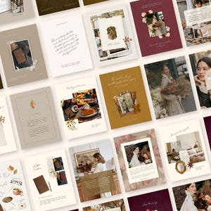 May include: A collection of rectangular cards featuring a variety of photographic layouts, autumn-themed illustrations, and cursive text. The designs incorporate warm color palettes including deep burgundy, mustard yellow, and cream tones.