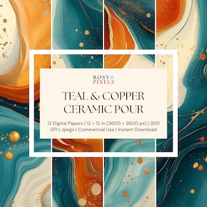 May include: Digital papers with teal and copper ceramic pour designs. The image features 12 digital papers, each 30.48 x 30.48 cm, with a resolution of 3600 x 3600 pixels. The text on the image reads "TEAL & COPPER CERAMIC POUR".