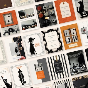 Può includere: Una collezione di biglietti d'invito e articoli di cancelleria a tema Halloween con palette di colori nero, bianco e arancione. I design includono illustrazioni di zucche, gatti neri, bambini in costume, ragnatele e testi come Halloween Party.
