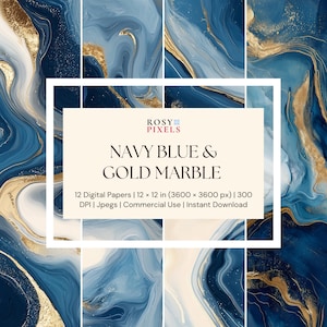 May include: A collection of twelve digital papers with a navy blue and gold marble design. The papers are 12 x 12 inches and are available for commercial use as instant downloads. The image includes the text "NAVY BLUE & GOLD MARBLE".
