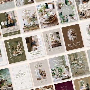 May include: A collection of digital social media templates featuring a neutral color palette, including beige, olive green, and brown. The templates display various lifestyle photography, typography, and text overlays such as Autumn Styling, A Sunday Reset, and Wall Art.