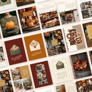 May include: A collection of autumn-themed digital cards and scrapbook pages featuring imagery of pumpkins, wreaths, fall foliage, cosy interiors, and envelopes with floral liners, all presented in a warm colour palette of orange, brown, and cream.