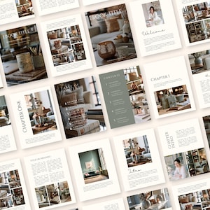 Pode incluir: Um layout de modelo de ebook digital apresentando várias páginas com fundos brancos, tipografia com serifa e fotografia de design de interiores. As páginas incluem seções rotuladas como EBOOK TITLE, WELCOME, CONTENTS, CHAPTER ONE, CHAPTER INTRO e SUMMARY.
