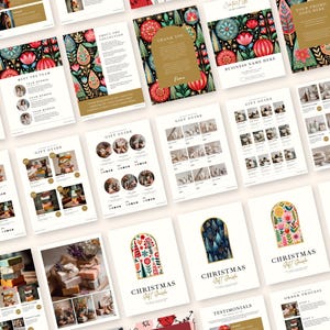 May include: A collection of digital Christmas gift guide templates featuring arched frames, floral and botanical illustrations in red, green, and blue, gold text accents, and structured layouts for product showcases, team introductions, and testimonials.
