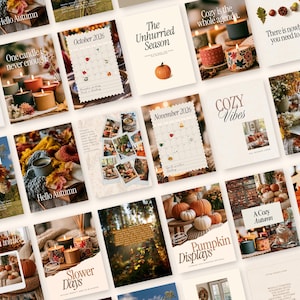 Könnte beinhalten: Eine Sammlung digitaler Social-Media-Vorlagen mit herbstlichen Motiven, darunter Kürbisse, Kerzen, Herbstlaub und Kalender für Oktober und November 2026. Die Designs enthalten Textüberlagerungen wie The Unhurried Season, Cozy Vibes und Hello Autumn in einer neutralen Farbpalette.