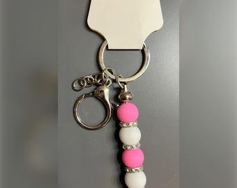 Pink and White Rhinestone Keychain