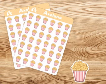 May include: Two rectangular sticker sheets and one individual die-cut sticker featuring a repeating pattern of popcorn in red and white striped buckets. The top of each sheet has a light orange header with the white text Axoluna and a logo.