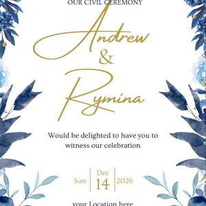 May include: Wedding invitation featuring a blue and gold floral design. The text says "Andrew & Rymina" and the date is "Dec 14 2026". The invitation is framed with blue floral elements.