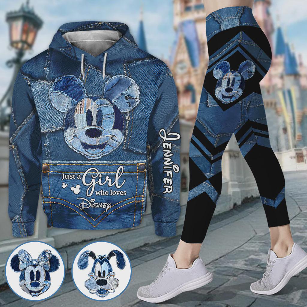 Discover Just A Girl Who Loves Disney Hoodie and Leggings Set, Personalized Disney Outfit, Mickey Mouse Denim Set, Disney Lover Gift