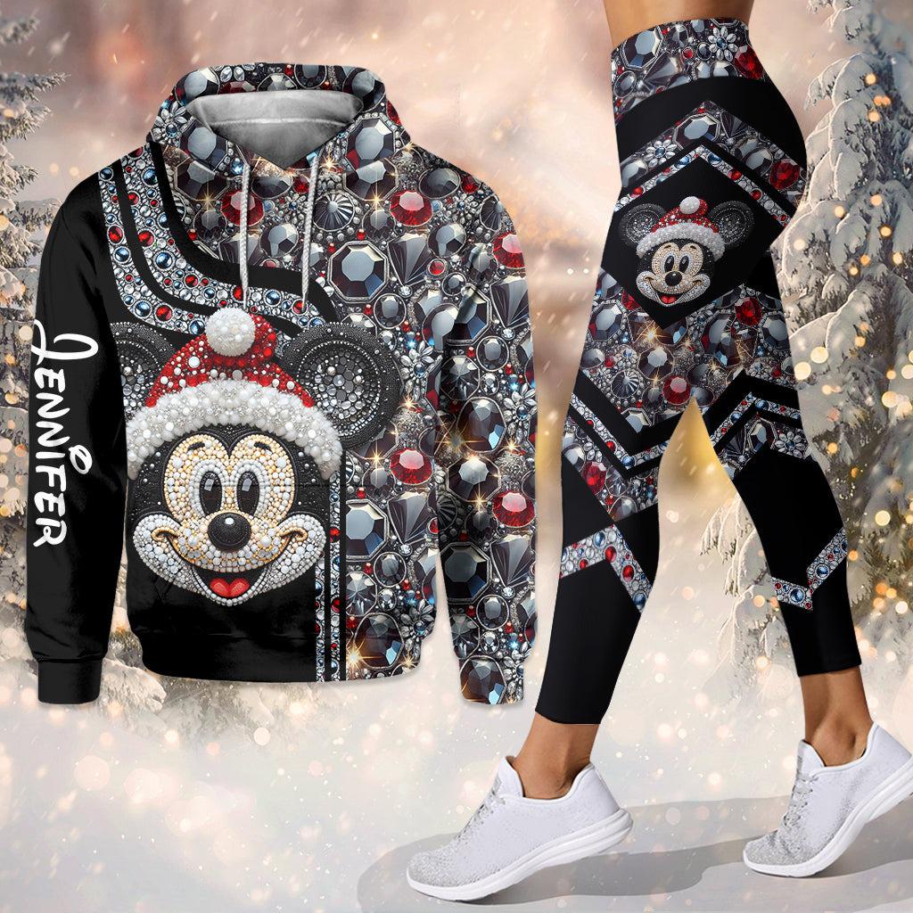 Discover Luxury Mickey Mouse Christmas Hoodie and Leggings Set, Sparkly Black Red Outfit, Custom Name Holiday Sweatsuit, Disney Gift for Women