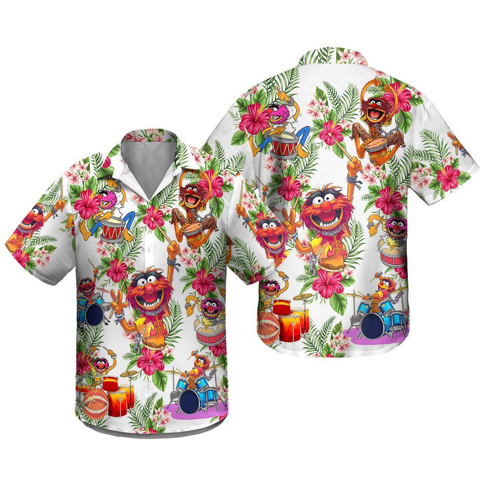 Discover Muppet Playing Drum Tropical Flower Hawaiian Shirt, Muppet Lover Summer Shirt, Muppet 3D Aloha Shirt, Gift for Friend, Vintage Button Shirt