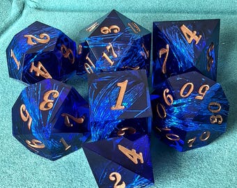 Handcrafted Resin Sharp Edged DND Dice Set, Suitable for D&D, RPG, Blue Magic Textured Dice, a Unique Gift for Tabletop Game Players.