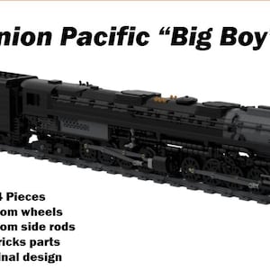 May include: A detailed model of the Union Pacific "Big Boy" steam locomotive, rendered in black. The model includes custom wheels and side rods, with the text "2944 Pieces" and "Original design". The image also features the logo of "Big Boys Bricks LLC".