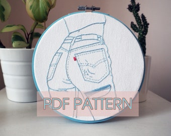 Puede incluir: Arte de bordado en aro que presenta un primer plano de un par de pantalones vaqueros azules con un bolsillo trasero rojo. El bordado se realiza con hilo azul sobre tela blanca.