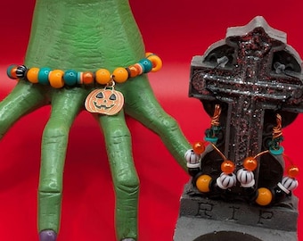 One of a Kind Halloween Pumpkin Jewelry Set – Handmade Autumn Art Necklace Bracelet Earrings